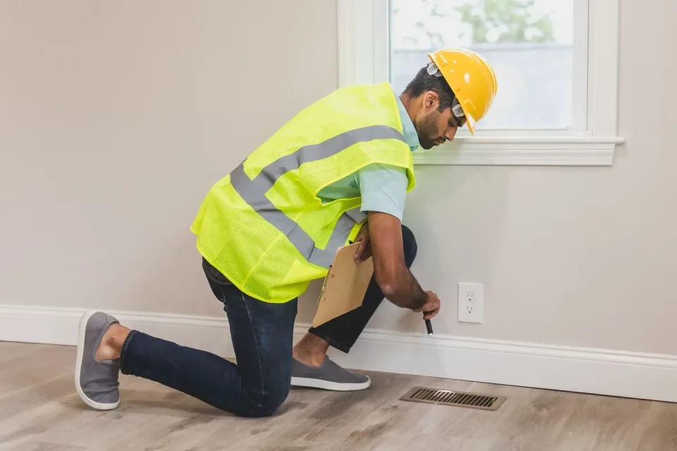 Pest Control Technician — Home Inspection — Pest Control Technician, Hard Hat, Safety Vest, Pest Control, Pest Control in Bo…